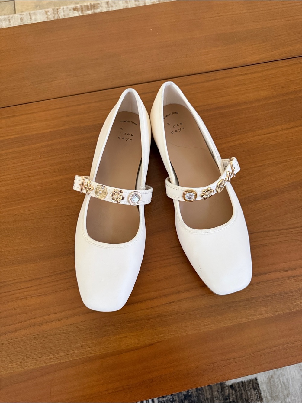 a new day White Mary Jane Flats with Gold Floral Strap